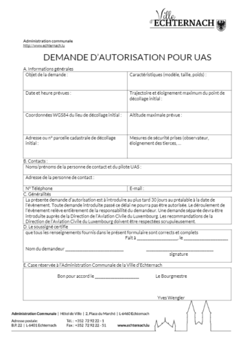 Demande d'autorisation pour UAS Ville d'Echternach